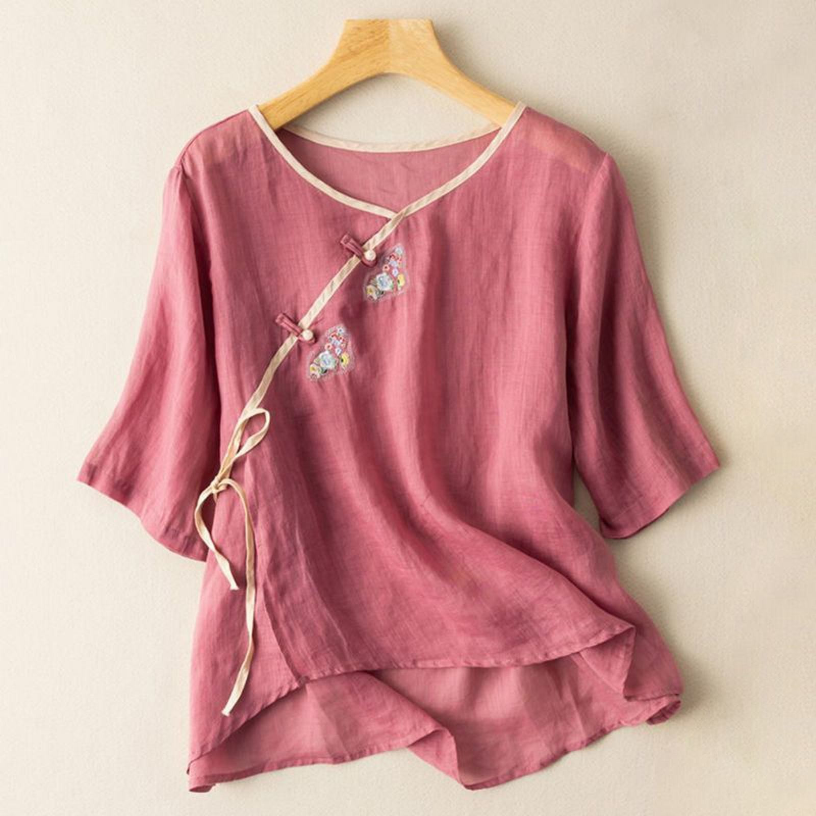 thumbnail image 4 of Camiseta holgada de algodón y lino con cuello en V y mangas 3/4 para mujer - Top informal de color liso con detalles intrincados, tallas M-XXXXL, 4 of 5